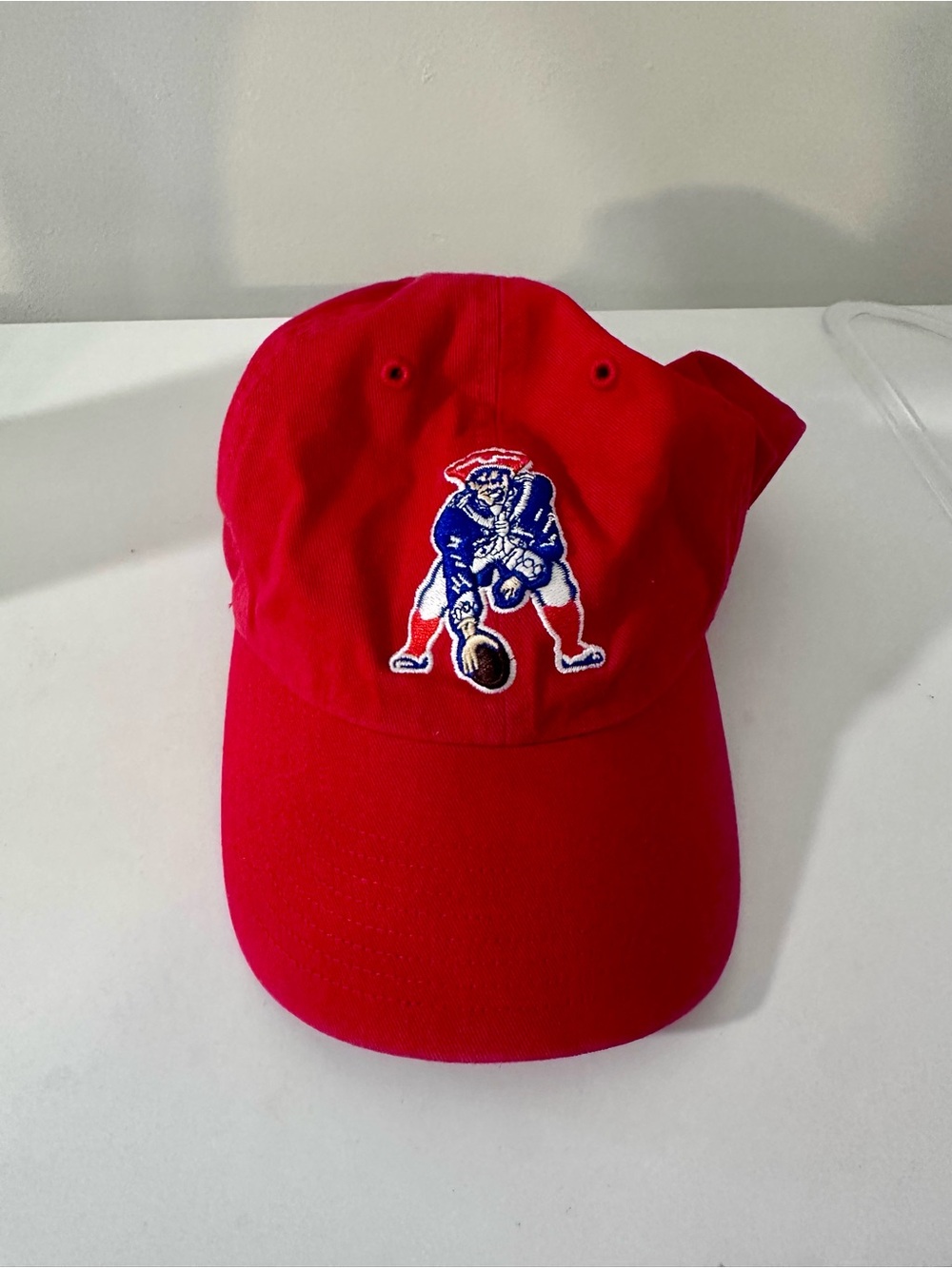 Red Patriots Baseball Cap with Football Player Patch